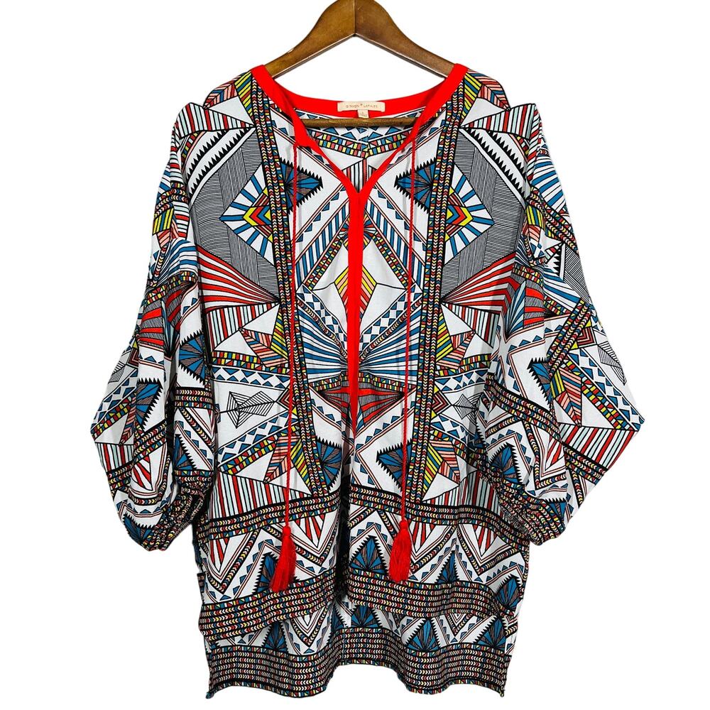 Gibson Latimer Mid Mod Geo Print Tunic Oversized Top V Neck - L